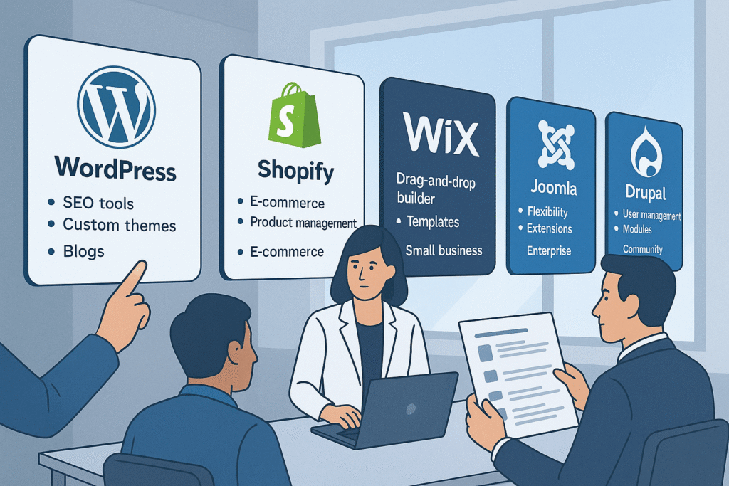 Comparison of top CMS platforms for businesses in 2025 including WordPress, Shopify, Wix, Joomla, and Drupal.