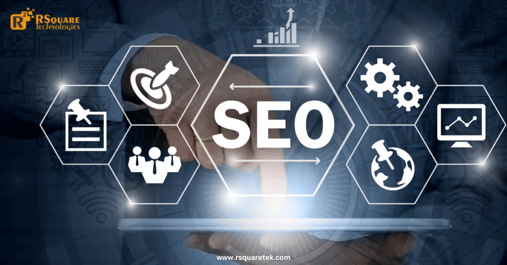 SEO concept with business strategy icons and a digital interface, representing search engine optimization services by RSquare Technologies.