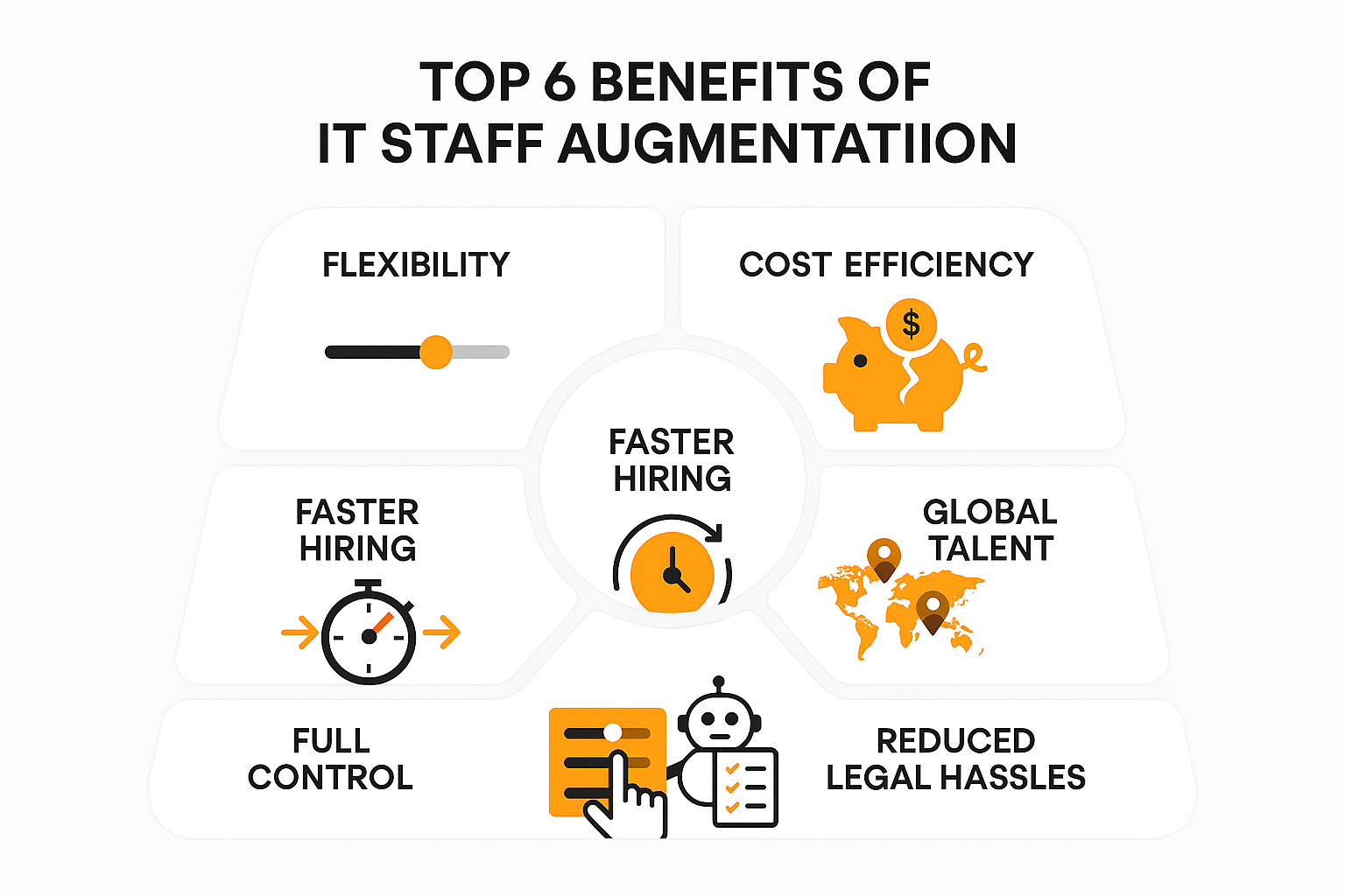 A clean, modern infographic showing six key benefits of IT staff augmentation: flexibility, cost efficiency, faster hiring, access to global talent, full control over projects, and reduced legal and HR hassles — designed in white and #f19612 tones.