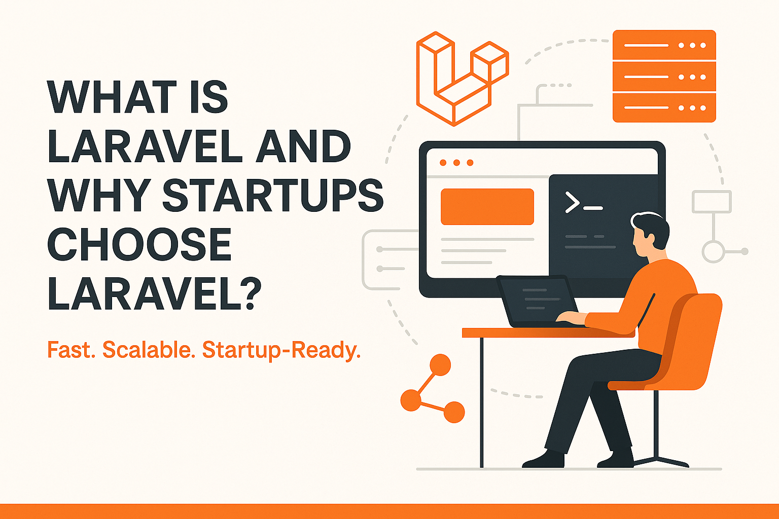 a man sitting at a desk working on a laptop and What is Laravel