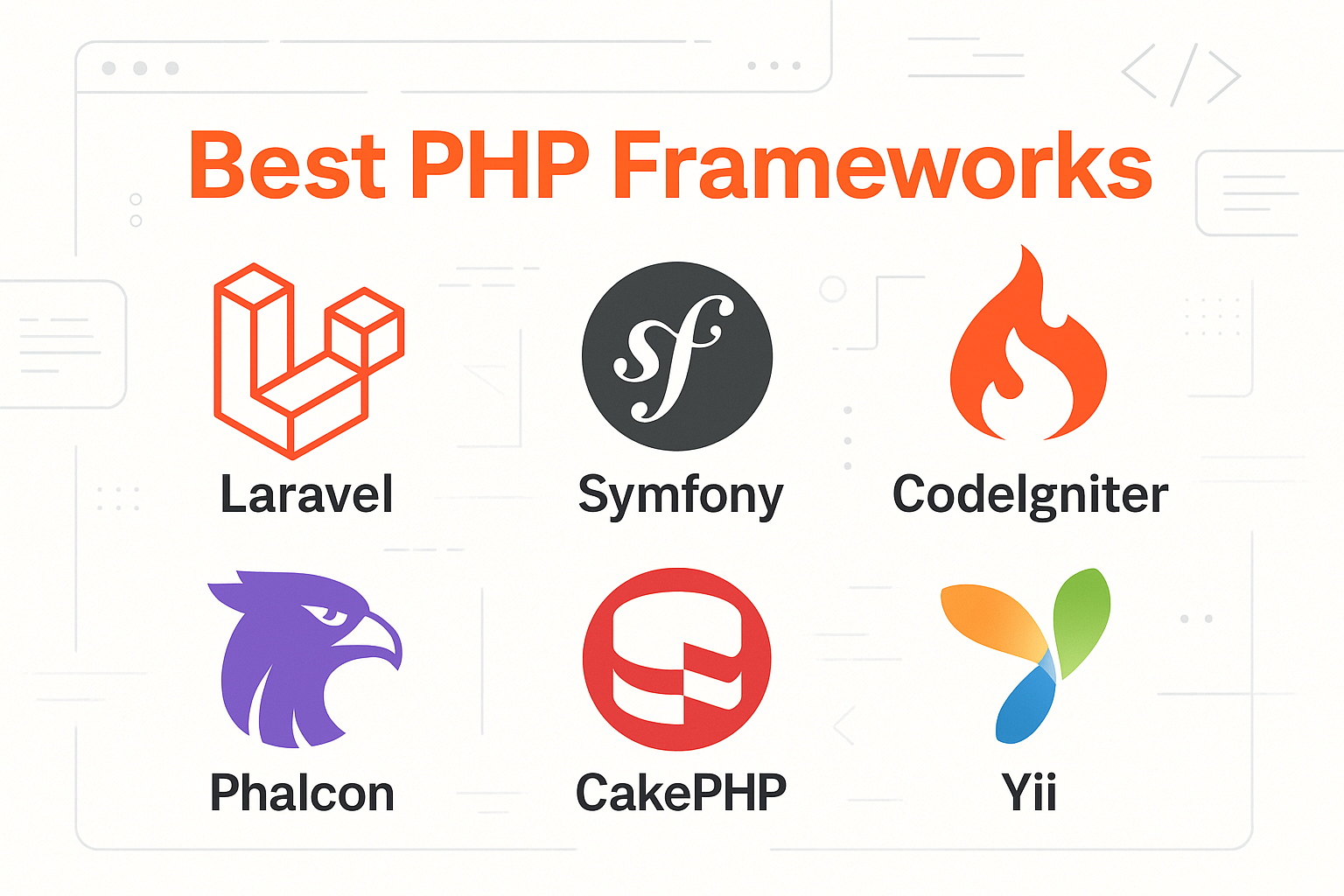 Abstract graphic showing best PHP frameworks icons, code elements, and startup tech symbols