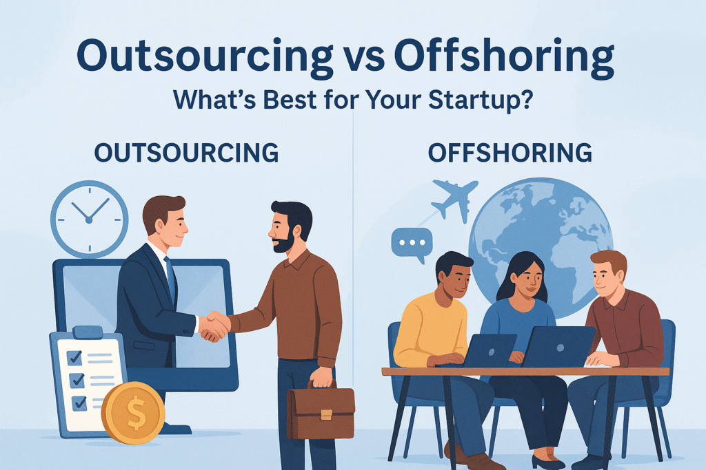Visual comparison of outsourcing and offshoring for startups, showing business handshake and global team collaboration