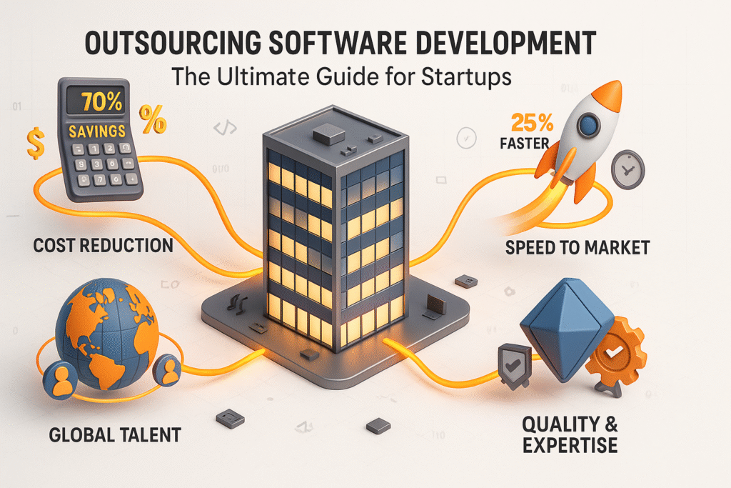 3D infographic showing outsourcing software development process from startup challenges to global solutions, featuring cost savings of 70%, faster launch times, and connected development pipeline.