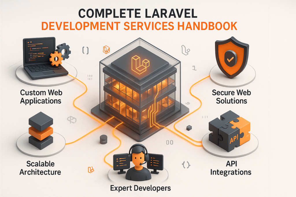 3D infographic of a modern layered cube with glowing #f19612 orange circuits representing Laravel development services surrounded by floating technology icons