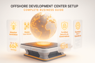 Offshore development center setup 3D infographic showing global hub and key benefits