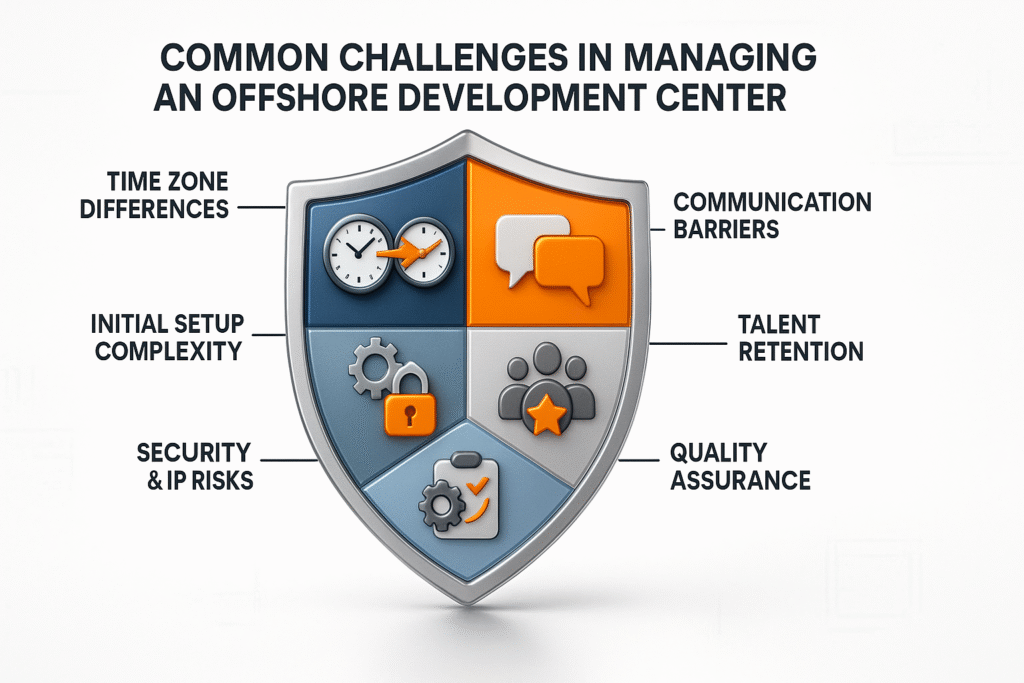 Offshore development center challenges and solutions infographic, shield design