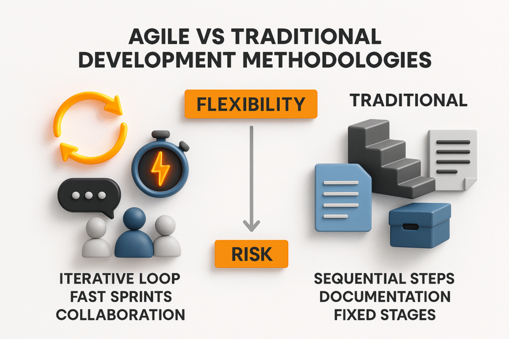 Agile vs traditional development methodologies 3D infographic with custom software development keywords, #f19612 and black colour scheme.