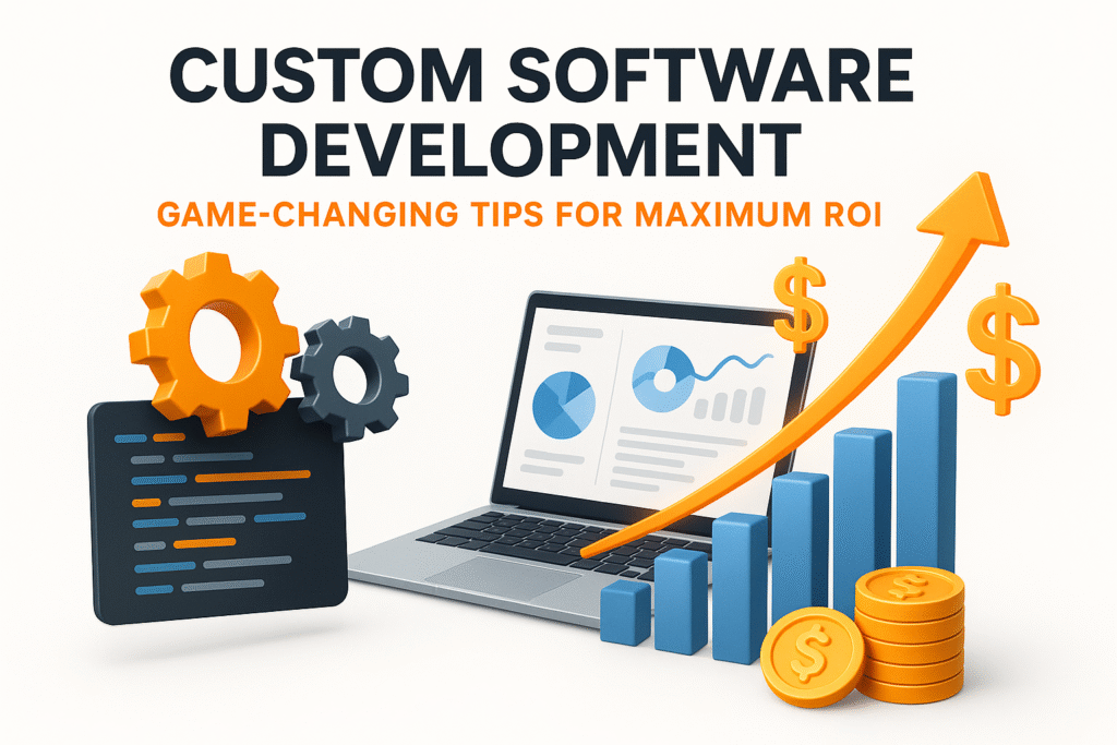 Custom software development game-changing ROI tips 3D feature image, innovation, growth, analytics, #f19612 and black.