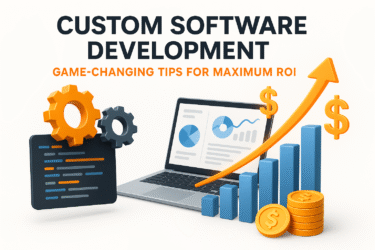 Custom software development game-changing ROI tips 3D feature image, innovation, growth, analytics, #f19612 and black.