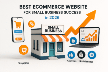 3D infographic showing the best ecommerce website for small business success—a storefront, shopping app, analytics chart, and growth arrow for 2026.