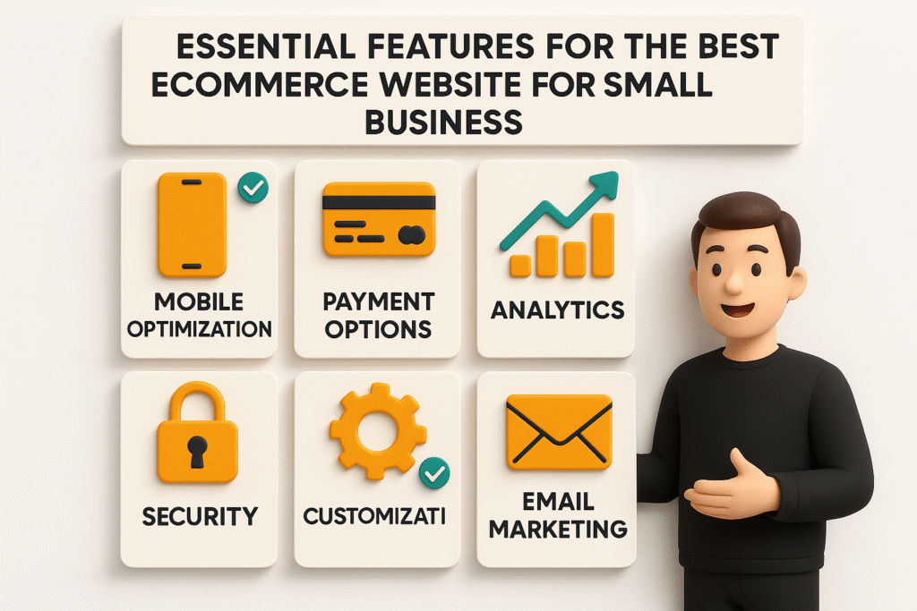 3D infographic displaying essential ecommerce website features including mobile optimization, payment options, analytics, security, customization, and email marketing